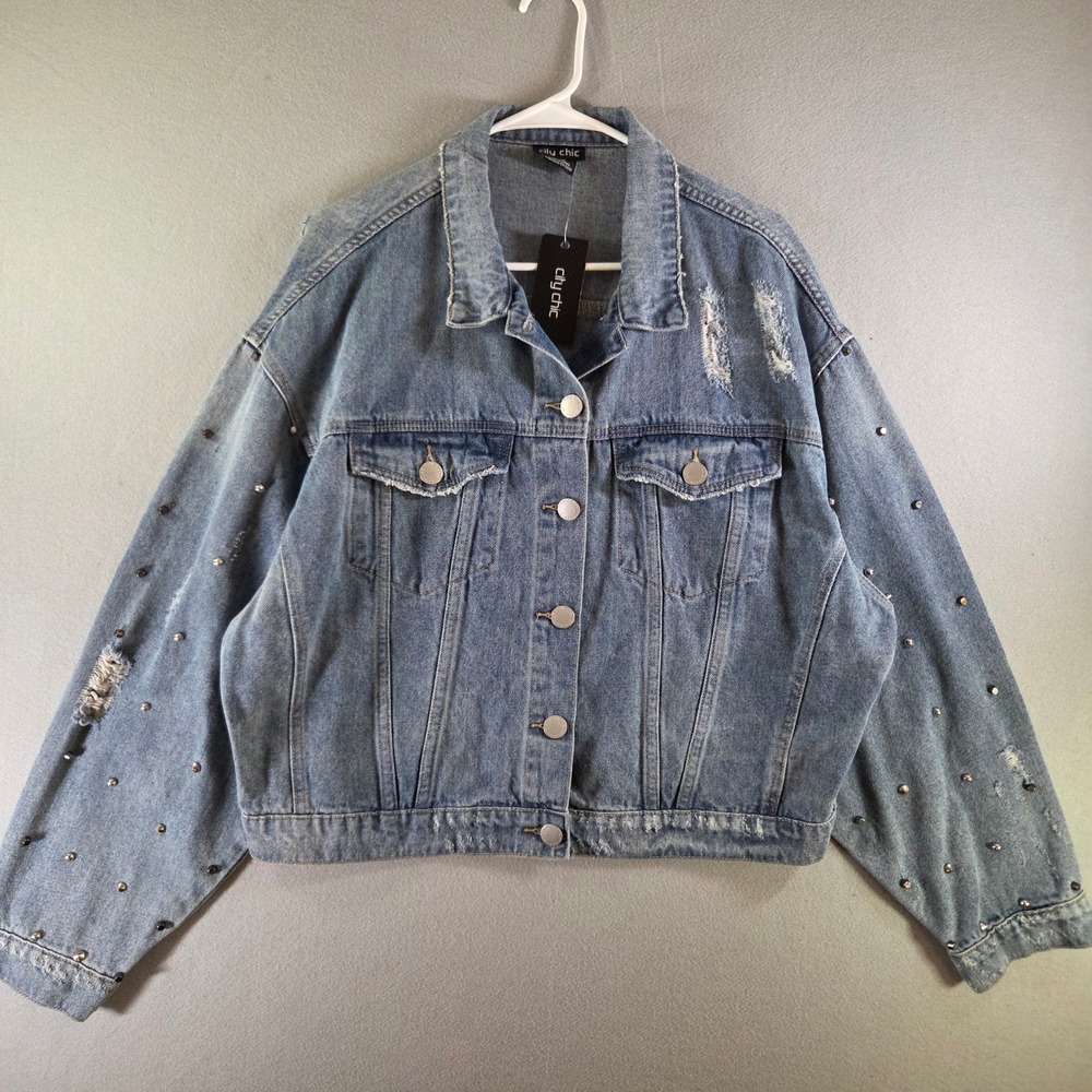 NWT City Chic Stud Sleeve Distressed Denim Jacket Light Wash Plus Size L 20 Edgy